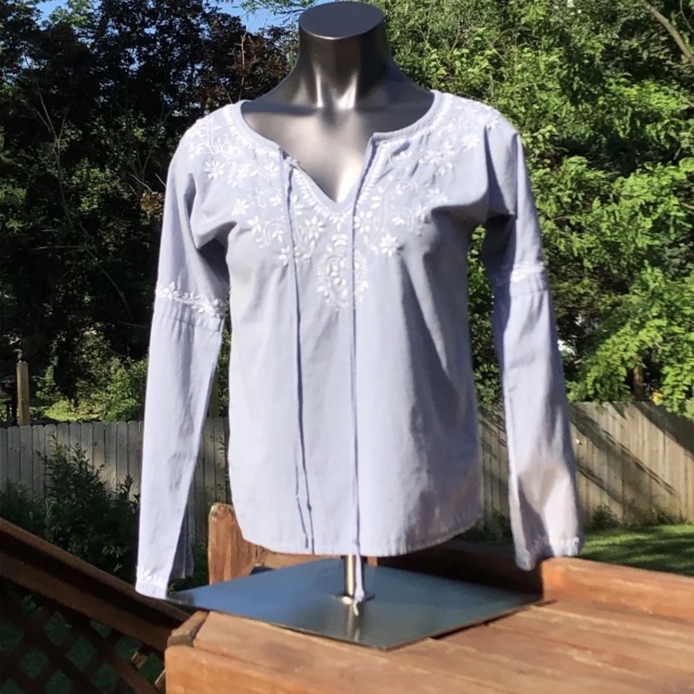 Lucky Brand Top Womens XXS Light Blue Embroidered Peasant Shirt Boho Cottage